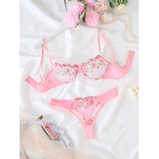 Элегантный женский набор белья в сеточкe с элегантной вышивкой. Pink