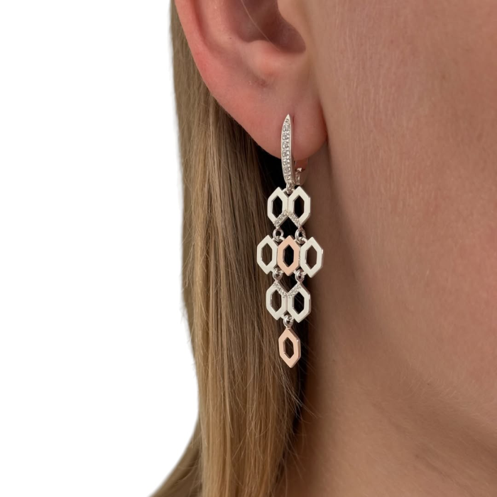 Розкішні жіночі срібні сережки - підвіски з золотими вставкамита кубічним цирконієм